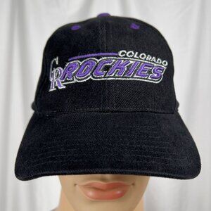 Vintage 90s Adult OS Black Purple Embroidered Colorado Rockies Baseball Hat Cap